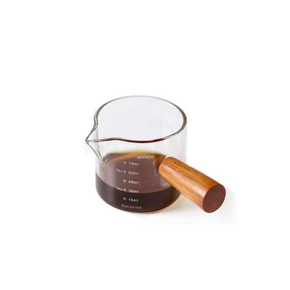 The Artisan's Measure: Wood-Handled Glass Espresso Cup with Dual Spouts for Perfect Milk & Coffee