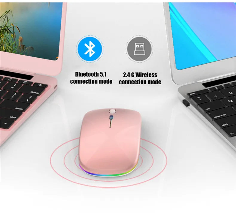 Silent Rechargeable LED Backlit Wireless Mouse – Dual Mode Bluetooth & 2.4GHz for PC & Laptop