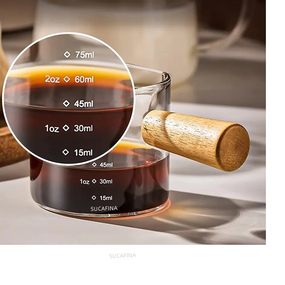 The Artisan's Measure: Wood-Handled Glass Espresso Cup with Dual Spouts for Perfect Milk & Coffee