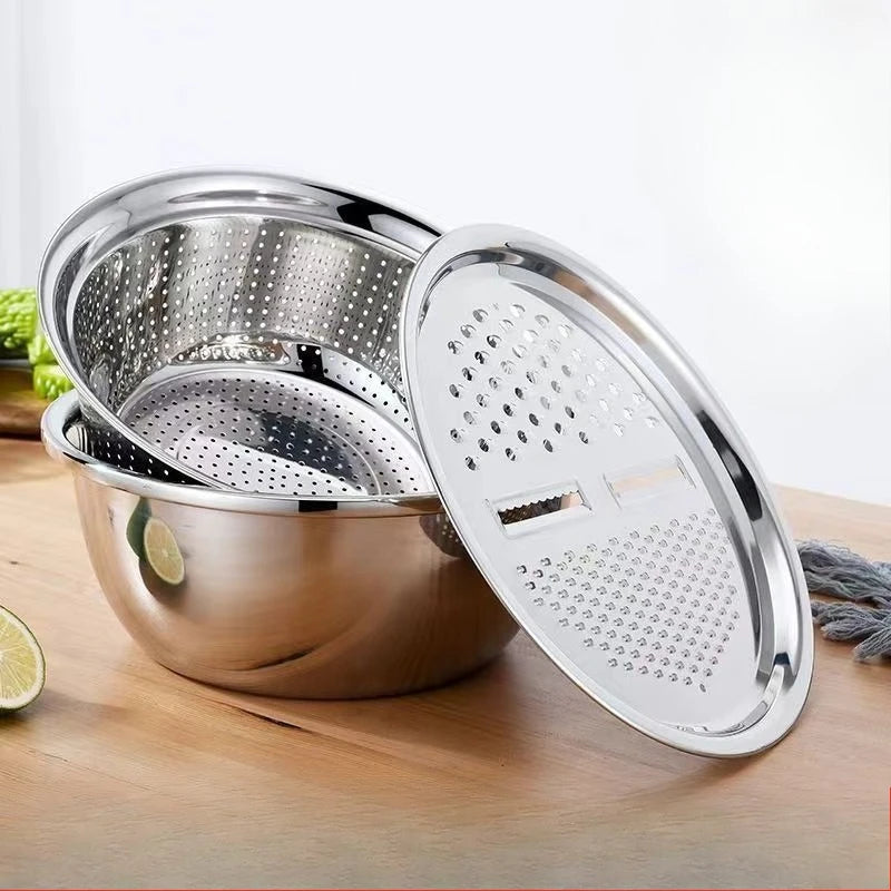 3-in-1 Vegetable Slicer & Washing Basket Set - Stainless Steel Potato Slicer, Multi-Purpose Kitchen Helper with Drain Basket