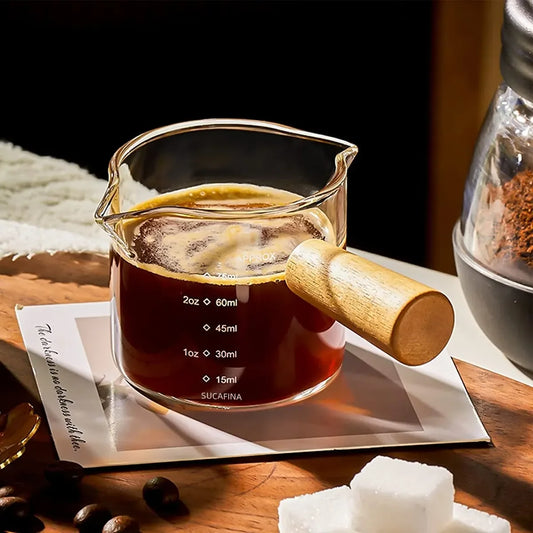 The Artisan's Measure: Wood-Handled Glass Espresso Cup with Dual Spouts for Perfect Milk & Coffee
