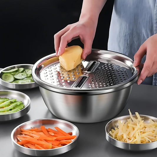 3-in-1 Vegetable Slicer & Washing Basket Set - Stainless Steel Potato Slicer, Multi-Purpose Kitchen Helper with Drain Basket