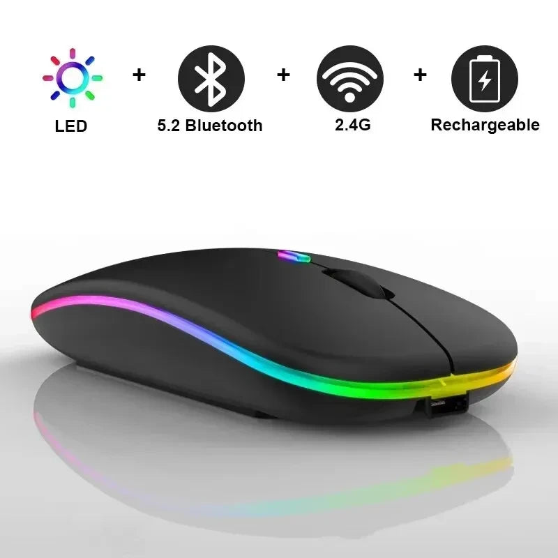 Silent Rechargeable LED Backlit Wireless Mouse – Dual Mode Bluetooth & 2.4GHz for PC & Laptop