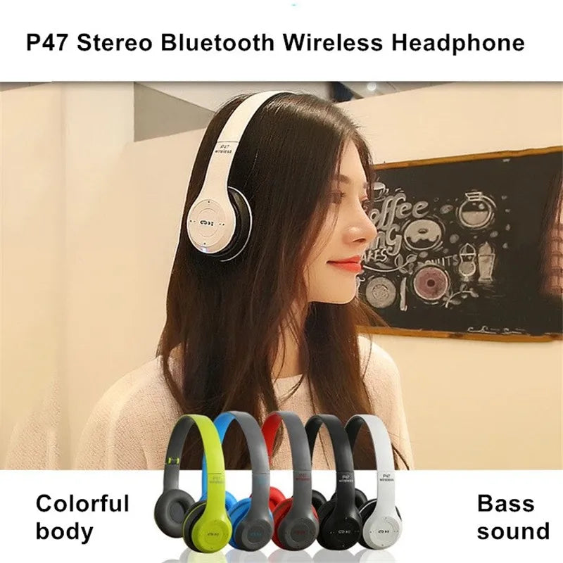 P47 Bluetooth 5.0 Foldable Headphones – Wireless HIFI Stereo Bass Earphone with Mic & USB Adapter