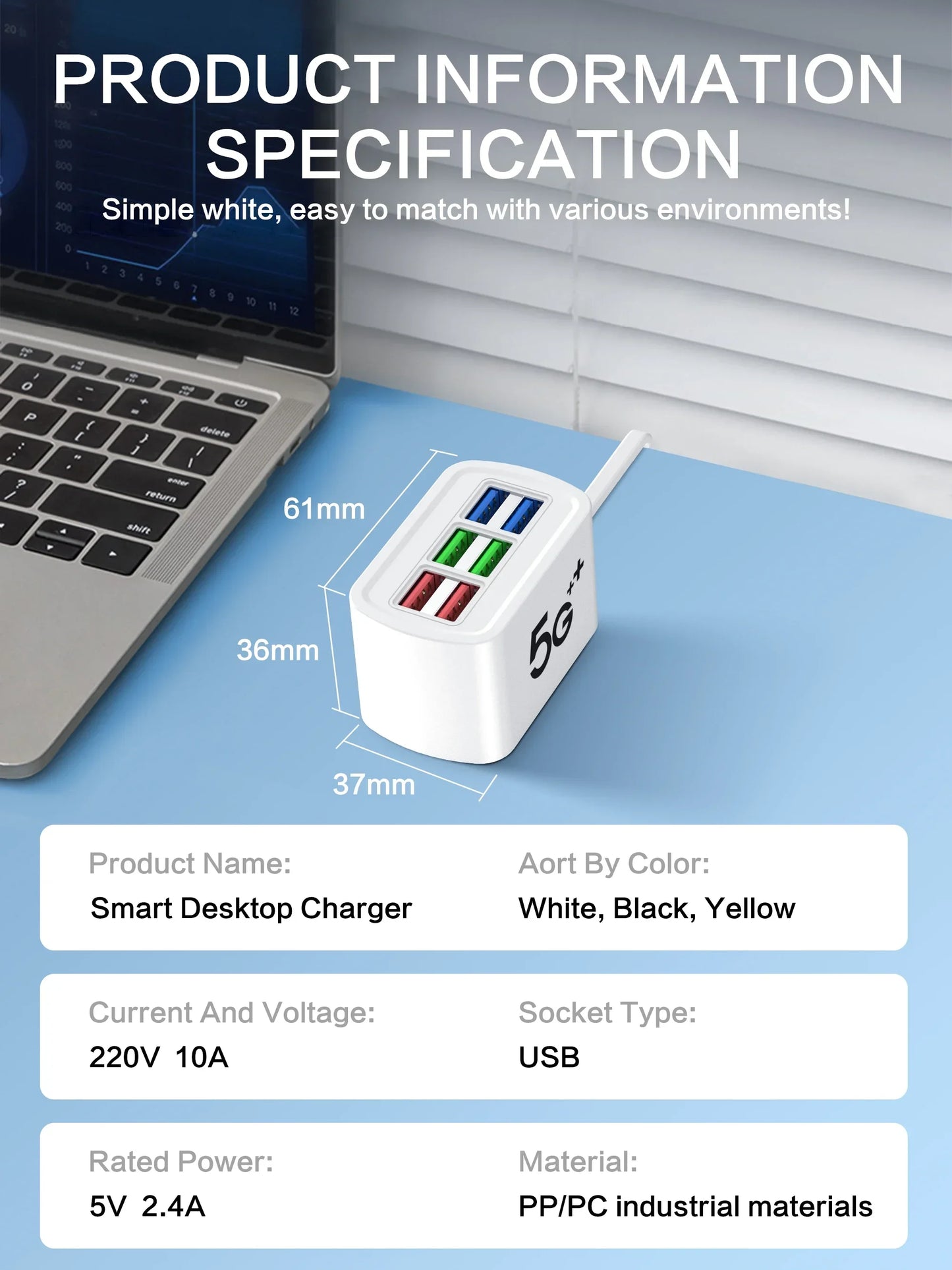 6-in-1 Fast USB Desktop Charging Station | Power Strip with USB Hub & 1m Cord for iPhone 16 & Electronic Devices