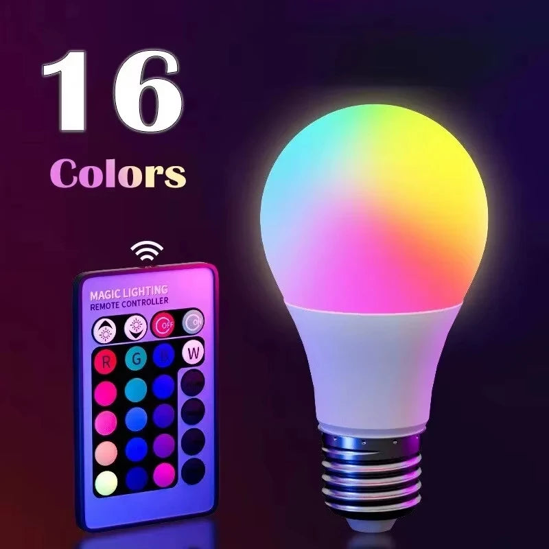 Your Mood, Your Hue: 24-Key Remote Smart RGB LED Bulb – 16 Colors & Dimmable White Light