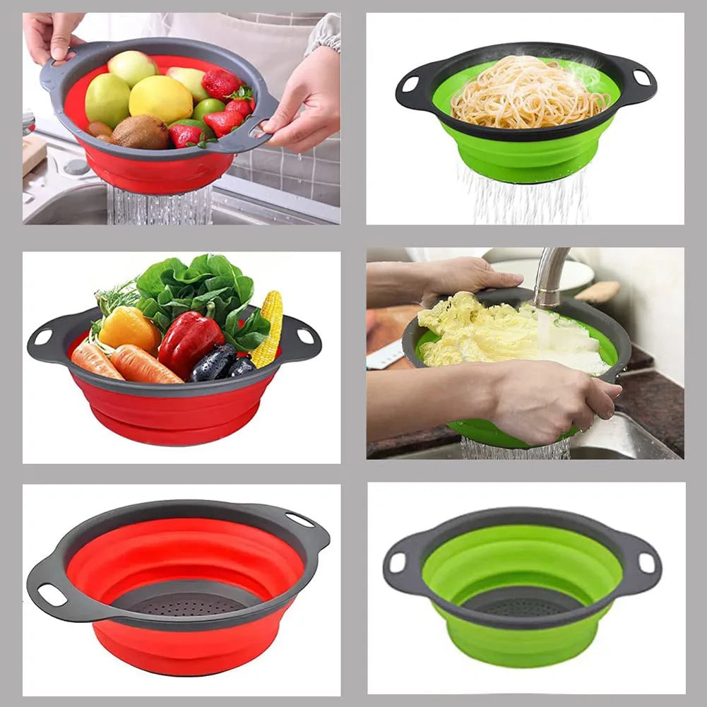 2-in-1 Collapsible Kitchen Strainer – Silicone Vegetable Cleaning & Drainage Basket with Filter Net