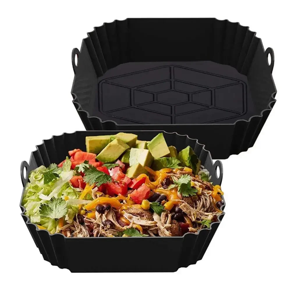 FlexiFry Square Pot – Silicone Air Fryer Tray with Handle, Reusable Baking Pan