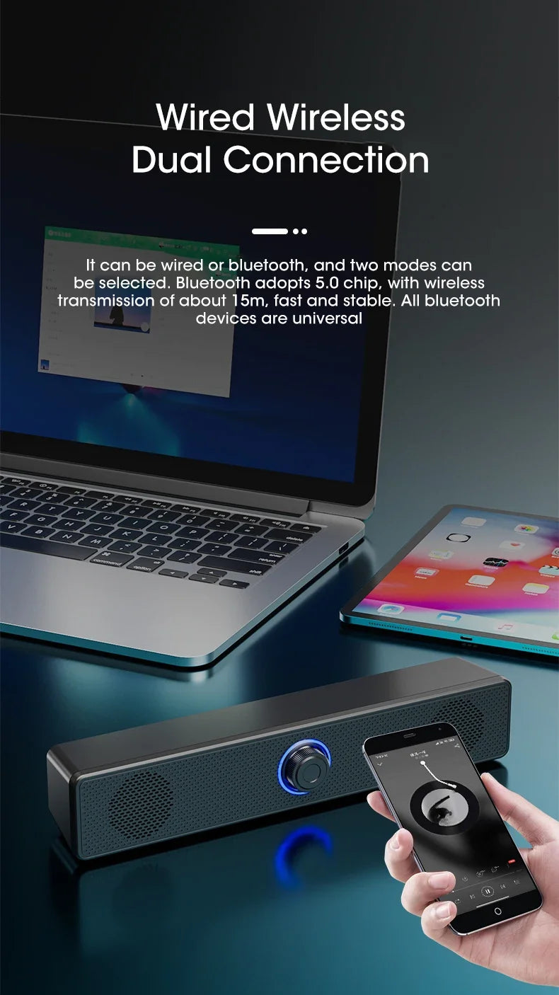 Mini Soundbar Powerhouse: Wired USB Bluetooth Speaker with Stereo Bass for PC & Home