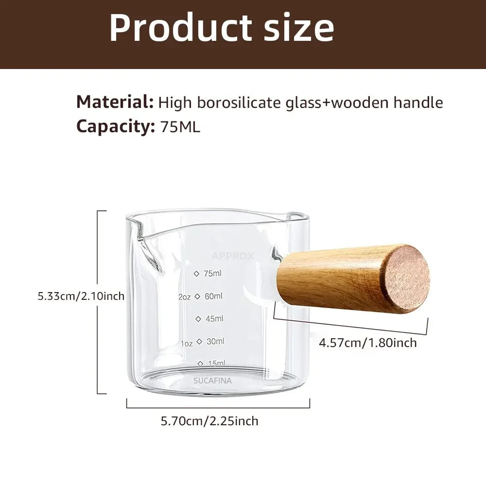 The Artisan's Measure: Wood-Handled Glass Espresso Cup with Dual Spouts for Perfect Milk & Coffee