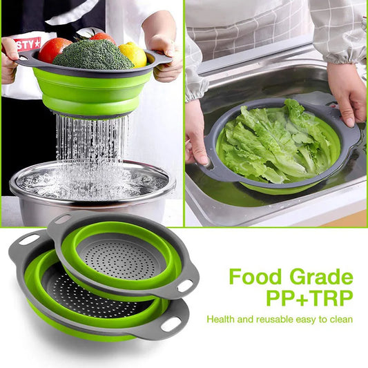 2-in-1 Collapsible Kitchen Strainer – Silicone Vegetable Cleaning & Drainage Basket with Filter Net