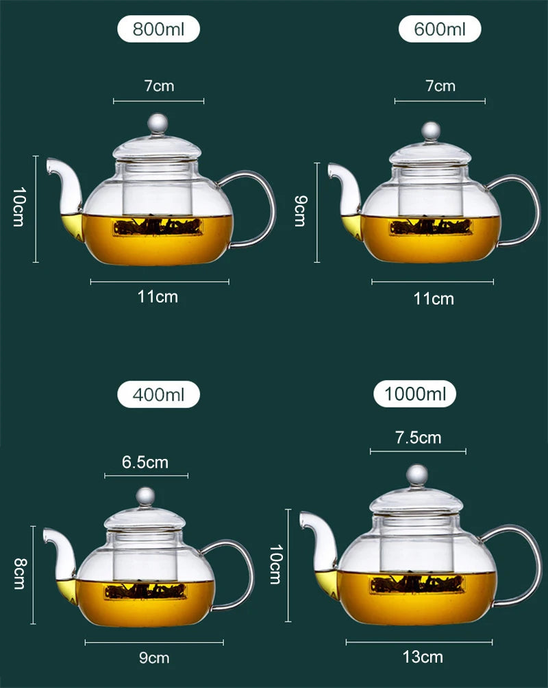 Bloom & Brew Teapot: 400ml/1000ml High Borosilicate Glass Teapot with Built-in Filter for Flower & Loose Tea
