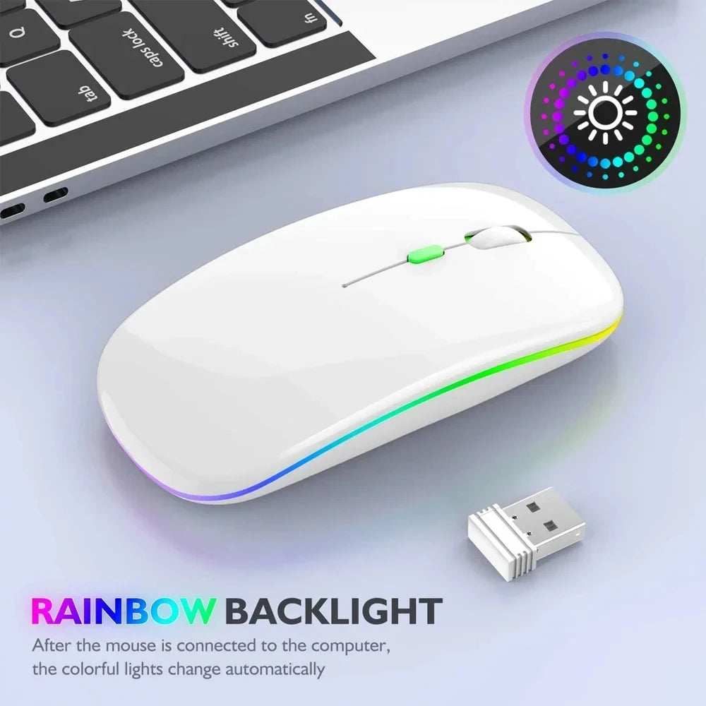 Silent Rechargeable LED Backlit Wireless Mouse – Dual Mode Bluetooth & 2.4GHz for PC & Laptop