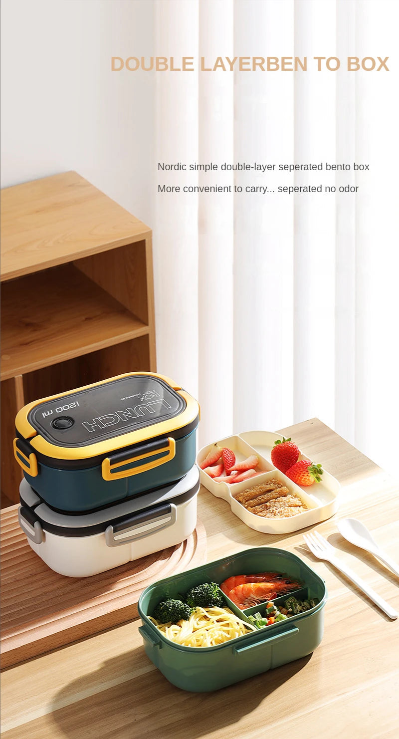 Dual-Layer Mega Bento Box - 1200ml Microwaveable Lunch Container for Kids & Adults