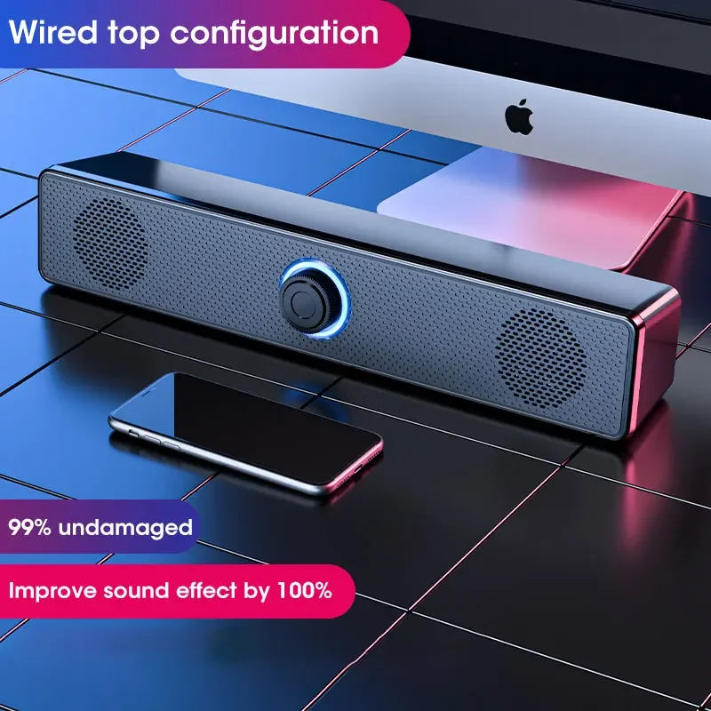Mini Soundbar Powerhouse: Wired USB Bluetooth Speaker with Stereo Bass for PC & Home