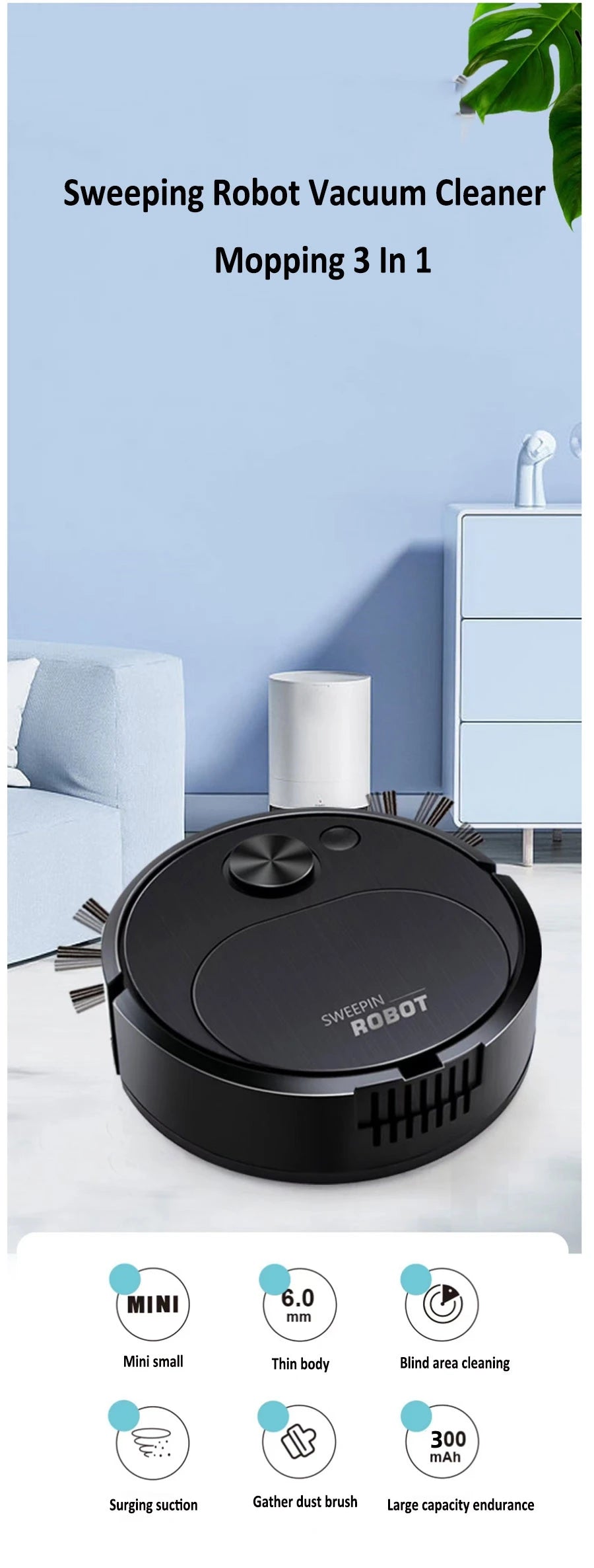 Smart Sweeping Robot 3-in-1 – Wireless USB Vacuum Cleaner & Mopping Assistant, 1500Pa Strong Suction