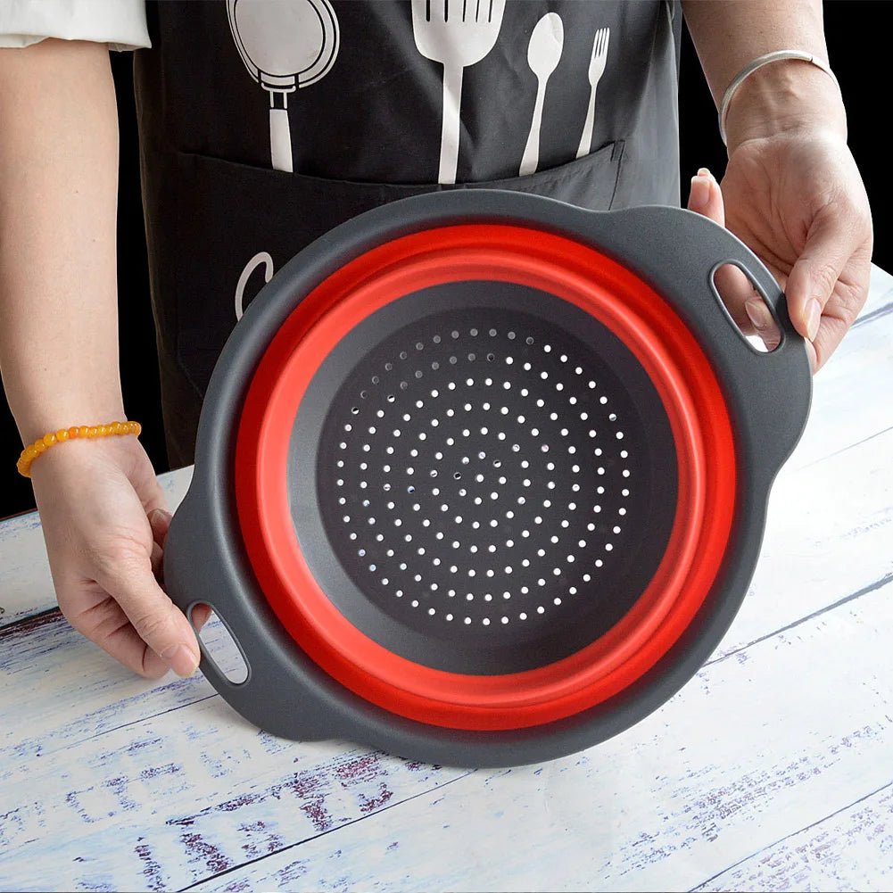 2 - in - 1 Collapsible Kitchen Strainer – Silicone Vegetable Cleaning & Drainage Basket with Filter Net - Nordshop Hamburg