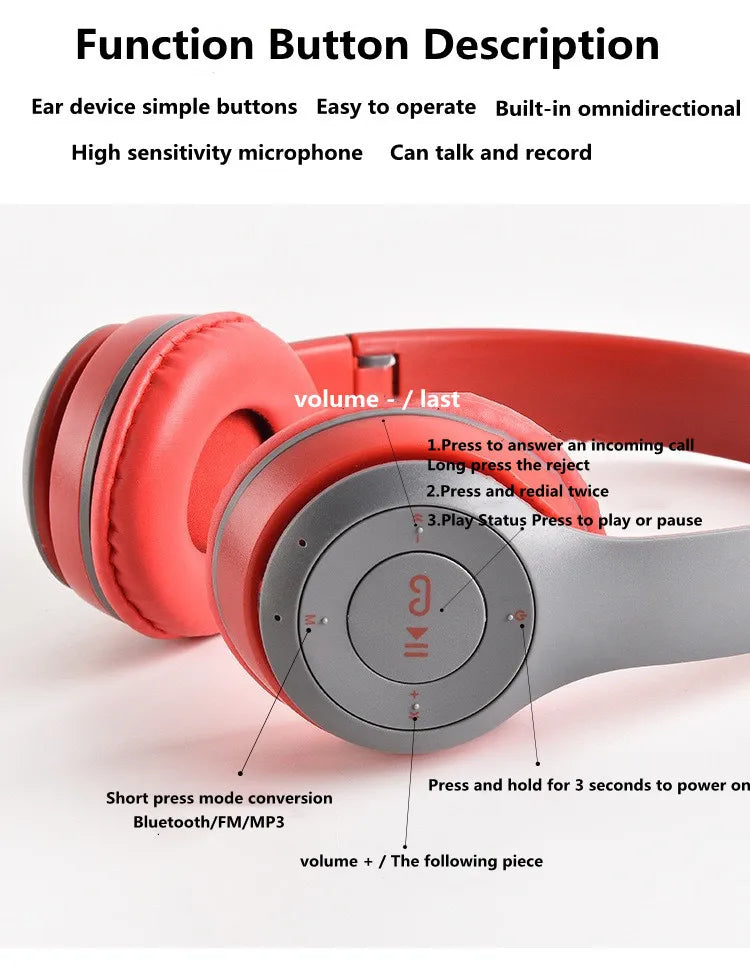 P47 Bluetooth 5.0 Foldable Headphones – Wireless HIFI Stereo Bass Earphone with Mic & USB Adapter