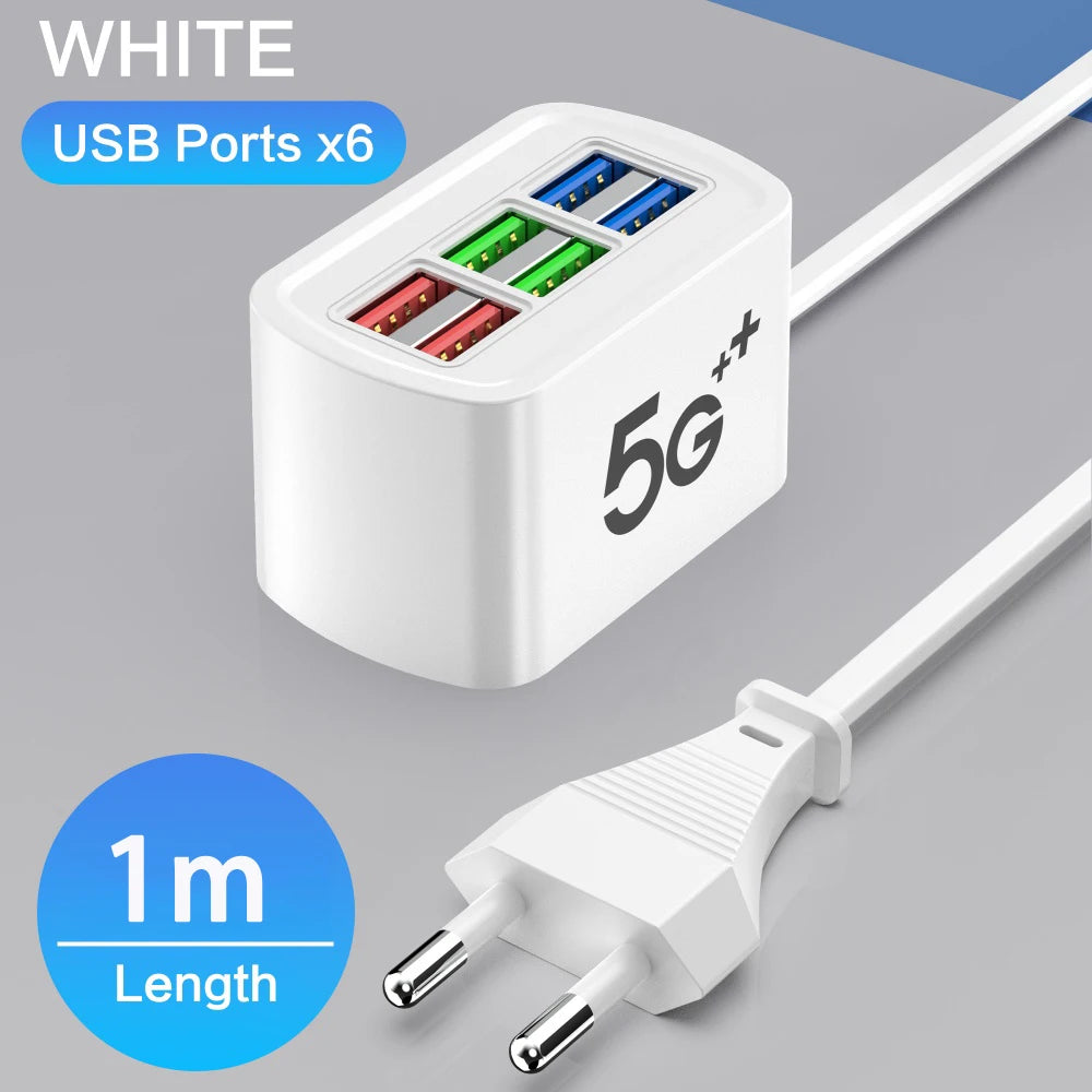 6-in-1 Fast USB Desktop Charging Station | Power Strip with USB Hub & 1m Cord for iPhone 16 & Electronic Devices