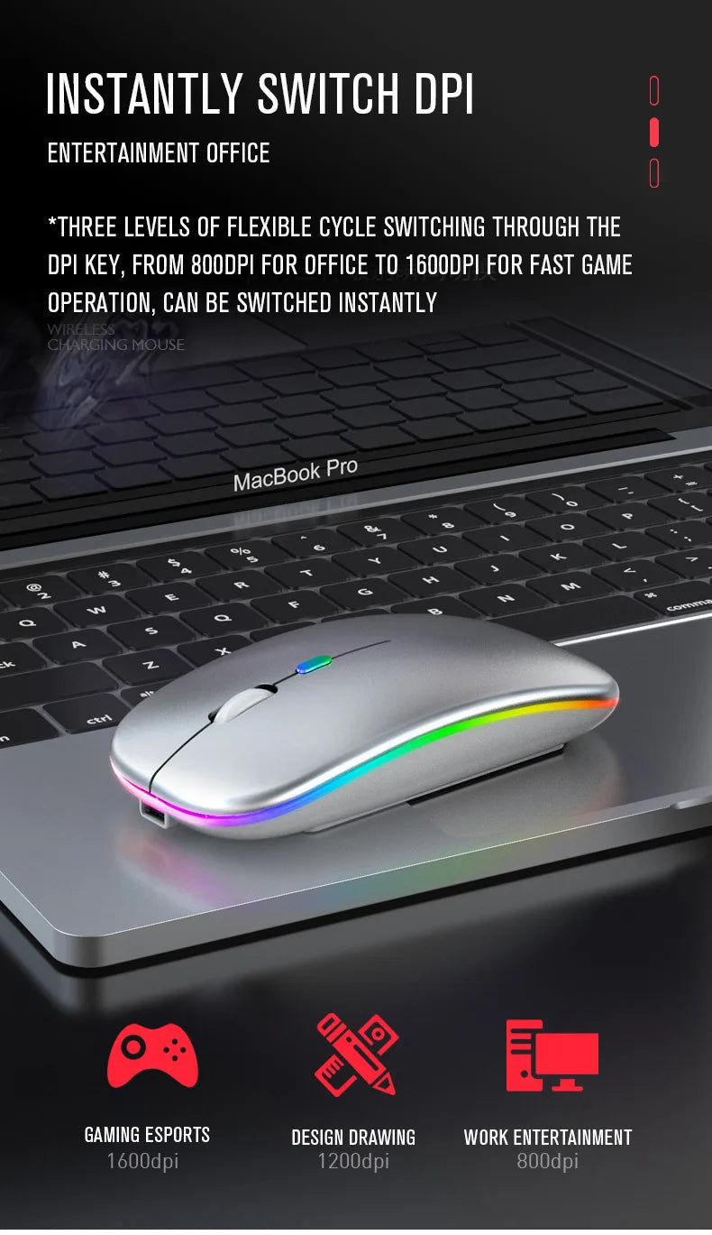 Rechargeable RGB Wireless Mouse – 1600DPI Gaming & Work Mouse with Bluetooth & 2.4GHz for PC, Laptop & MacBook