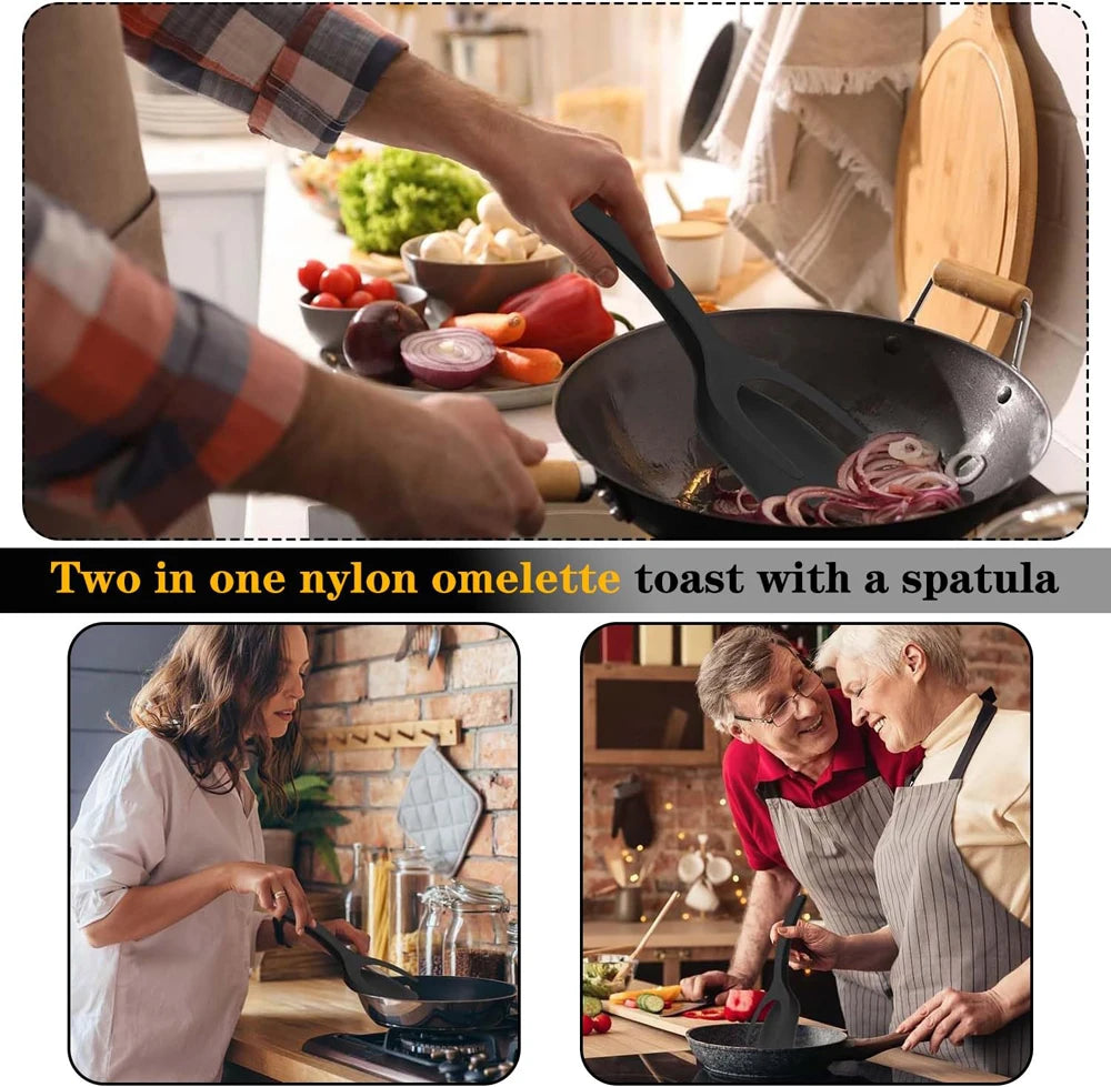 2-in-1 Flip & Grip Spatula - Non-Stick Nylon Turner & Tongs for Perfect Flipping