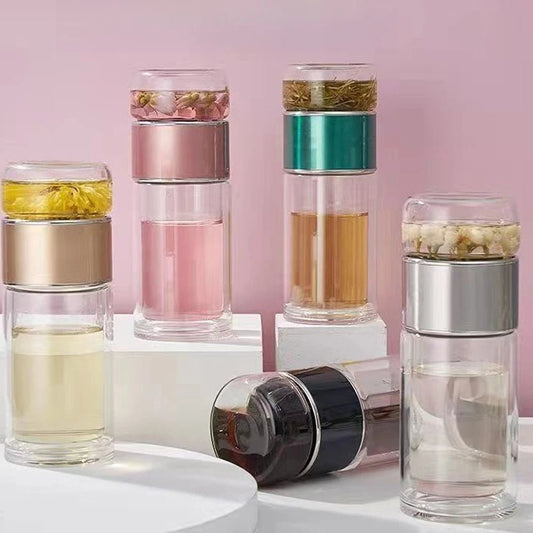 420ML Double-Wall Glass Tea Cup with Infuser - Easy Clean Travel Mug for Office & Outdoor
