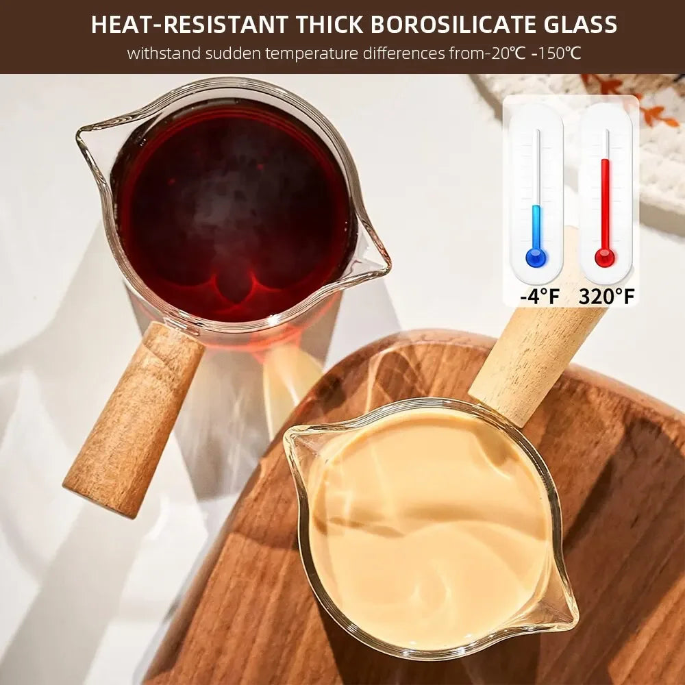 The Artisan's Measure: Wood-Handled Glass Espresso Cup with Dual Spouts for Perfect Milk & Coffee