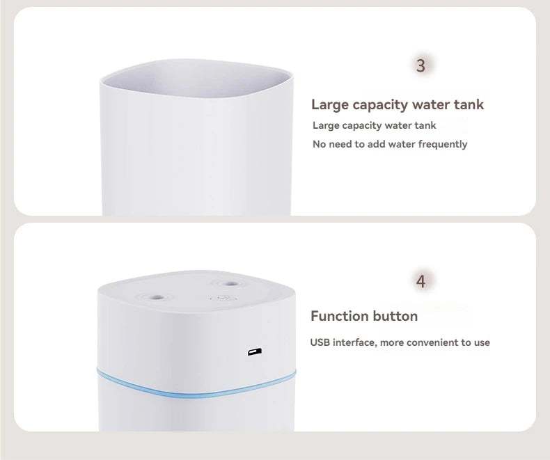 Dual-Nozzle USB Humidifier – 600ml/H Super Fine Mist for Car, Home & Office | Ultra-Quiet Personal MoisturizerDual-Nozzle USB Humidifier – 600ml/H Super Fine Mist for Car, Home & Office | Ultra-Quiet Personal Moisturizer
