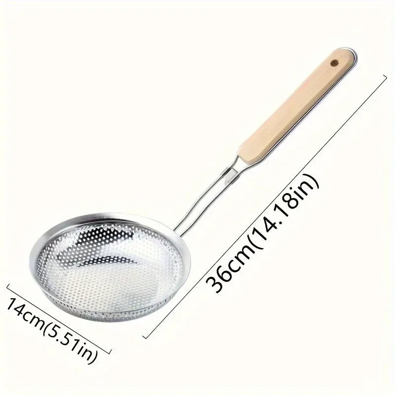 Premium Wooden - Handle Stainless Steel Colinner – Fine Mesh Skimmer Spoon for Pasta, Dumplings & Grease Filtering – Kitchen Prep Essential - Nordshop Hamburg